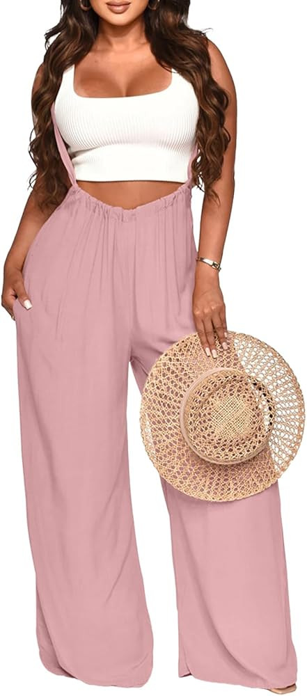 Nimsruc Womens Jumpsuit Casual Loose Sleeveless Adjustable Spaghetti Straps Wide Leg Pants Baggy ... | Amazon (US)