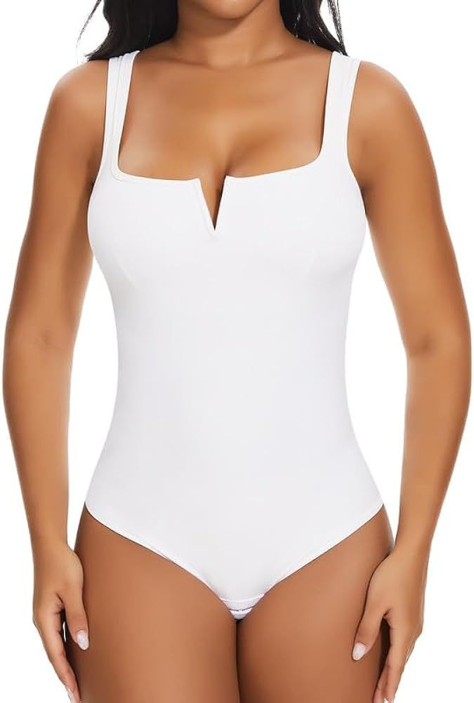 SHAPERIN Women's Notch V Square Neck Sleeveless Bodysuit Tank Tops Tummy Control Shapewear Thong ... | Amazon (US)
