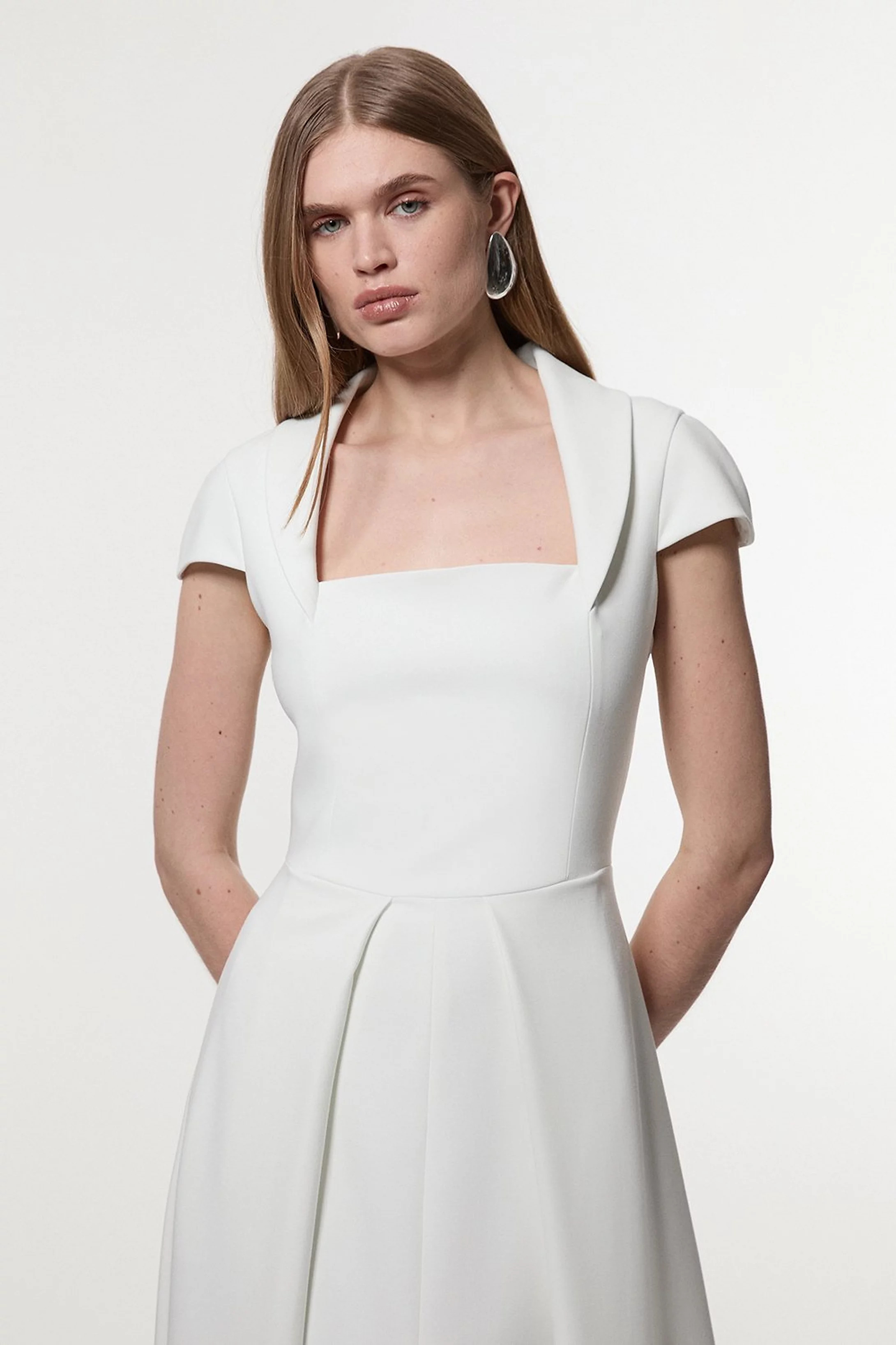 Petite Compact Stretch Square Neck Tailored Full Skirted Midaxi Dress | Karen Millen | Karen Millen UK + IE + DE + NL