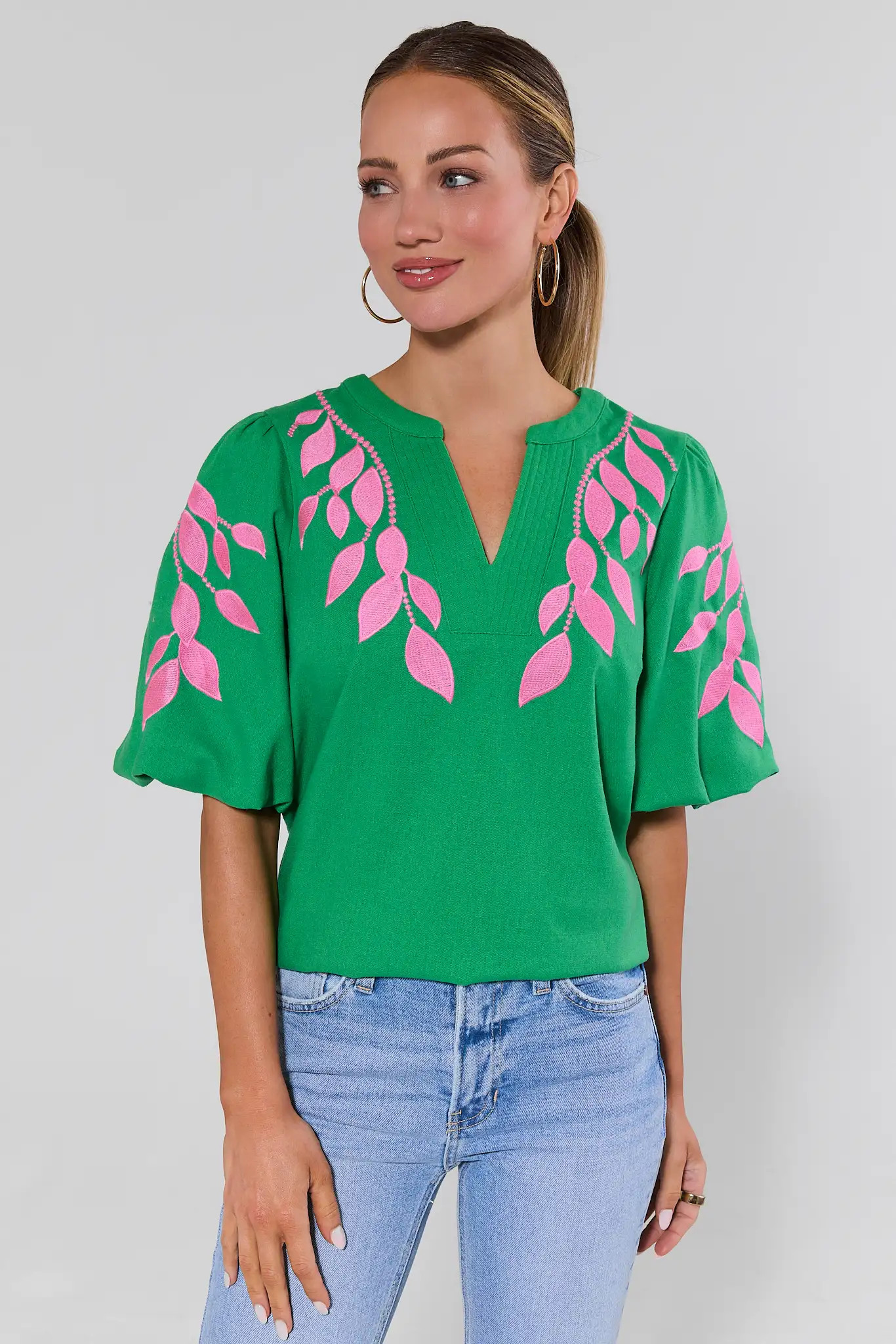 Green Embroidered Puff Sleeve Top | Avara