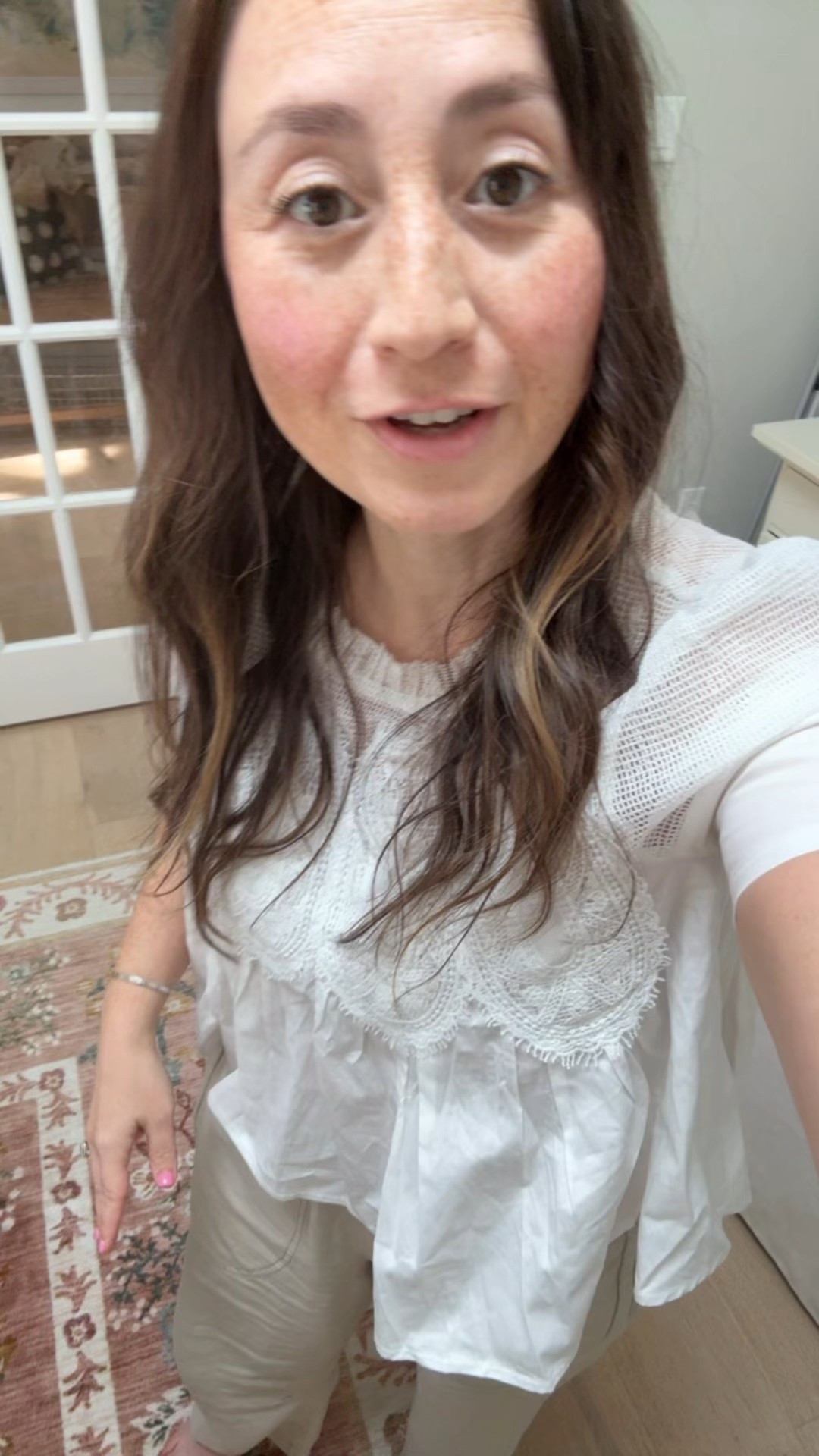 Wearing size small. I have it in white and the blue floral. Really special piece. Great blouse top to wear with high waisted pants feel so put together and high-quality.

#LTKPetite #LTKOver40