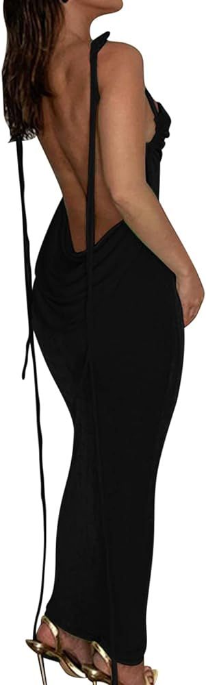 ccisppal Women's Spaghetti Strap Backless Sleeveless Halter Bodycon Maxi Long Dress Club Party Dr... | Amazon (US)
