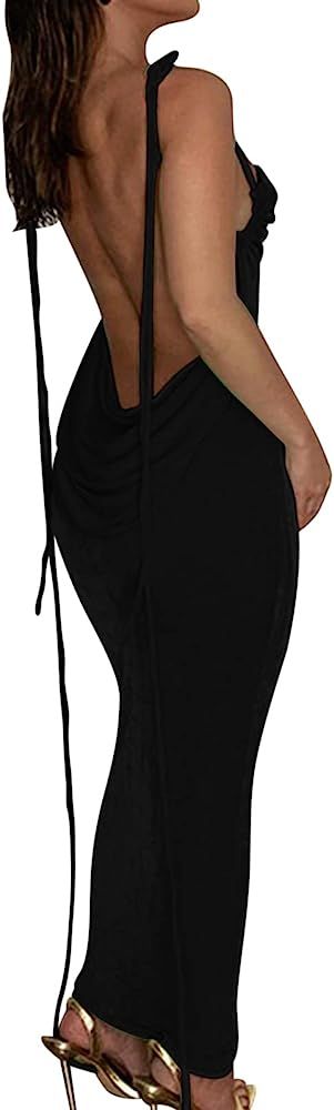 ccisppal Women's Spaghetti Strap Backless Sleeveless Halter Bodycon Maxi Long Dress Club Party Dr... | Amazon (US)