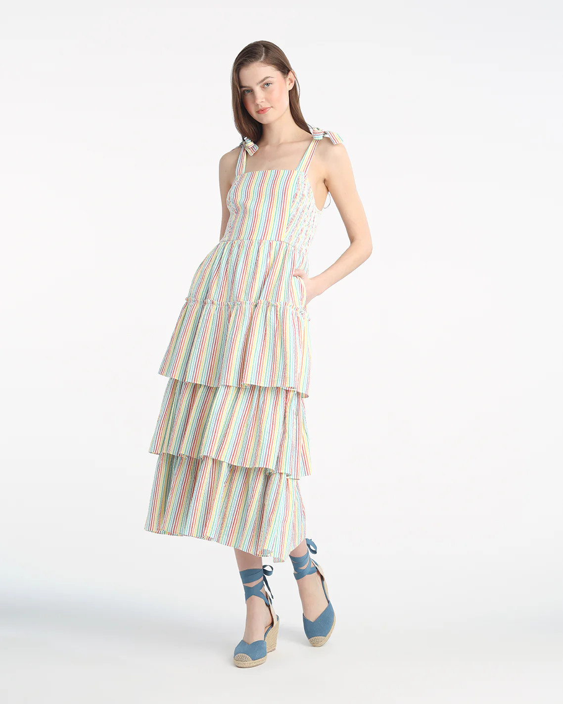Taylor Tiered Midi Dress in Rainbow Stripes | Draper James (US)
