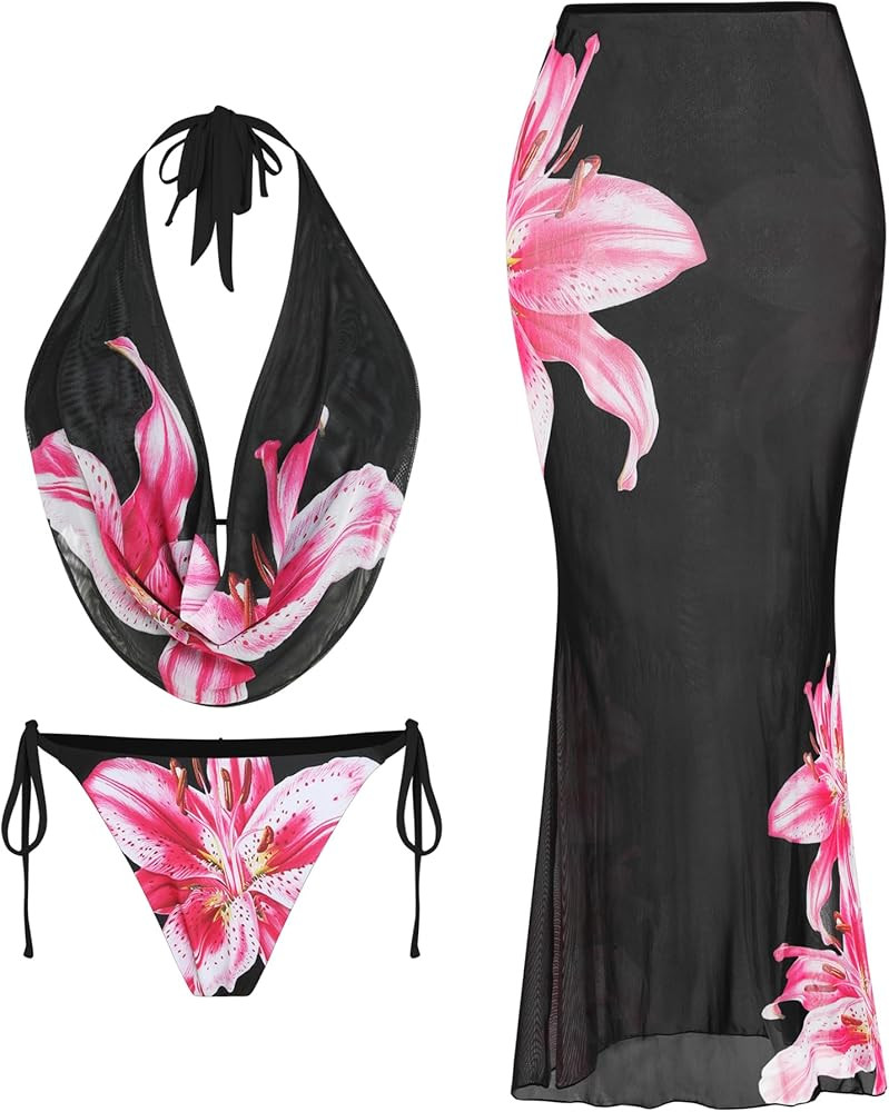 ZAFUL Women's 3 Piece Floral Swimsuit Draped Neck Halter Bikini Tie Side Bathing Suit with Sheer ... | Amazon (US)
