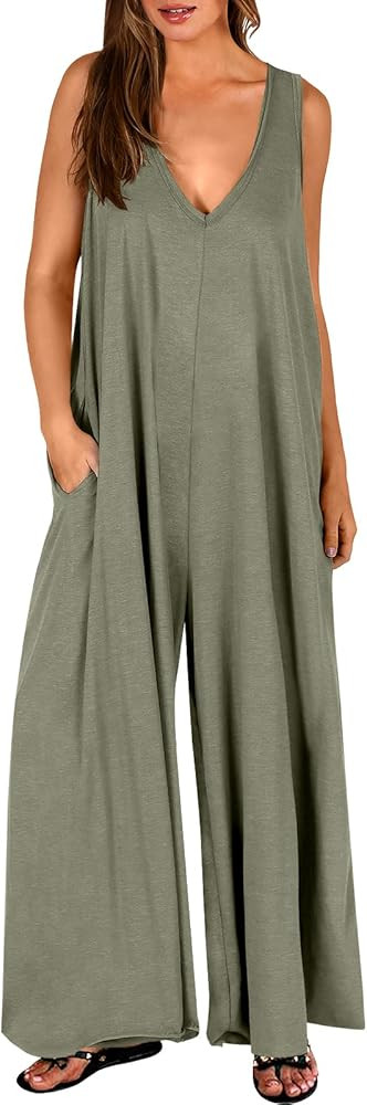 ANRABESS Women's Casual Summer Loose Jumpsuits Sleeveless Tank V Neck Wide Leg Long Pant Rompers ... | Amazon (US)
