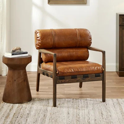 Bingen Top-Grain Vintage Leather Accent Arm Chair with Ash Wood Frame | Wayfair North America