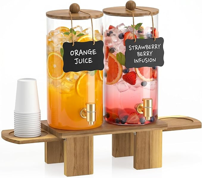 1.5 Gallon Drink Dispenser for Parties (2 Pack) - Glass Beverage Dispenser with Wood Stand, Stain... | Amazon (US)
