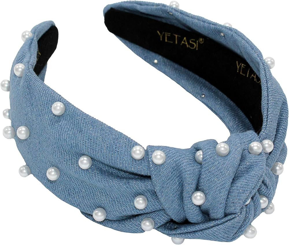 Denim Blue Pearl Knotted Headbands for Women Go with Everything.Comfy Soft Fabric Top Knot Headba... | Amazon (US)