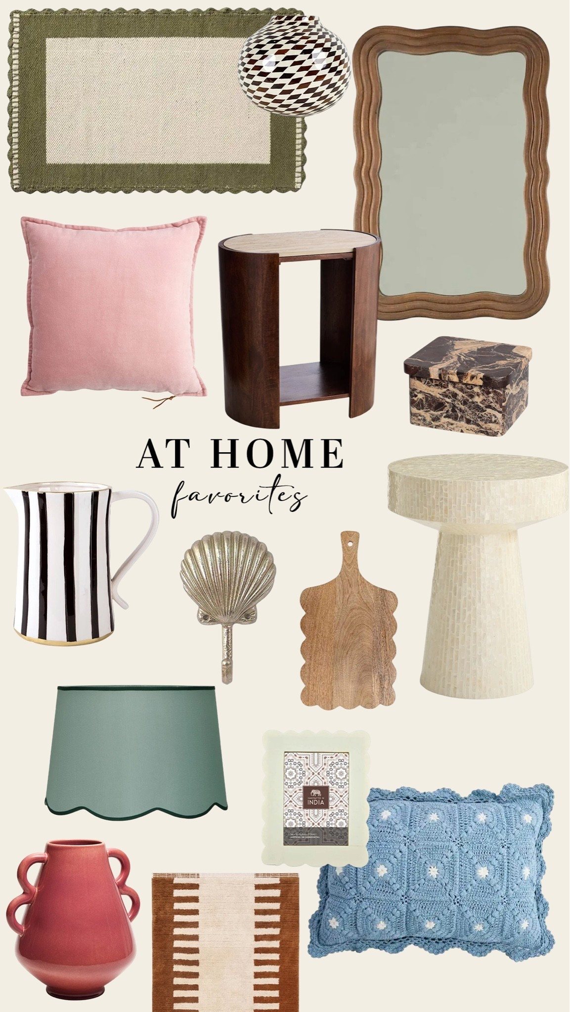 A few of my favorite finds from At Home lately — pretty throw pillows, soft pinks, blues + greens, marble details, scalloped side tables, pitchers, lamps and statement mirrors. So many cute little pieces for adding color, texture and personality to your space without spending a ton. ✨

#LTKHome