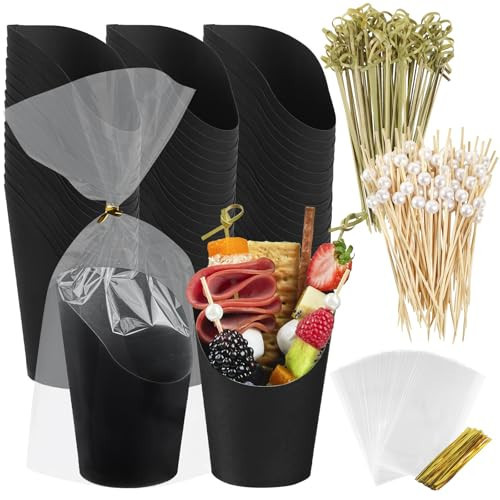 Ocmoiy Charcuterie Cups with Sticks and Bags, Black Disposable 14 oz Kraft Paper Appetizer Cups, Individual Party Serving Snack Cups (50 Cups, 200 Picks, 50 bags) | Amazon (US)
