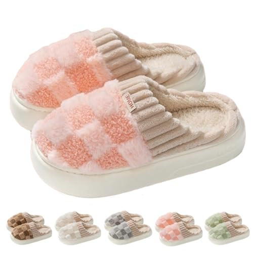 VTTDB Checkered Slipper House Slippers for Women Men Plush Warm Fuzzy Slippers Flyffy Bedroom Shoes Indoor Slip On (7-8 Women/6-7 Men,Pink,Numeric Range,Medium,7,8) | Amazon (US)