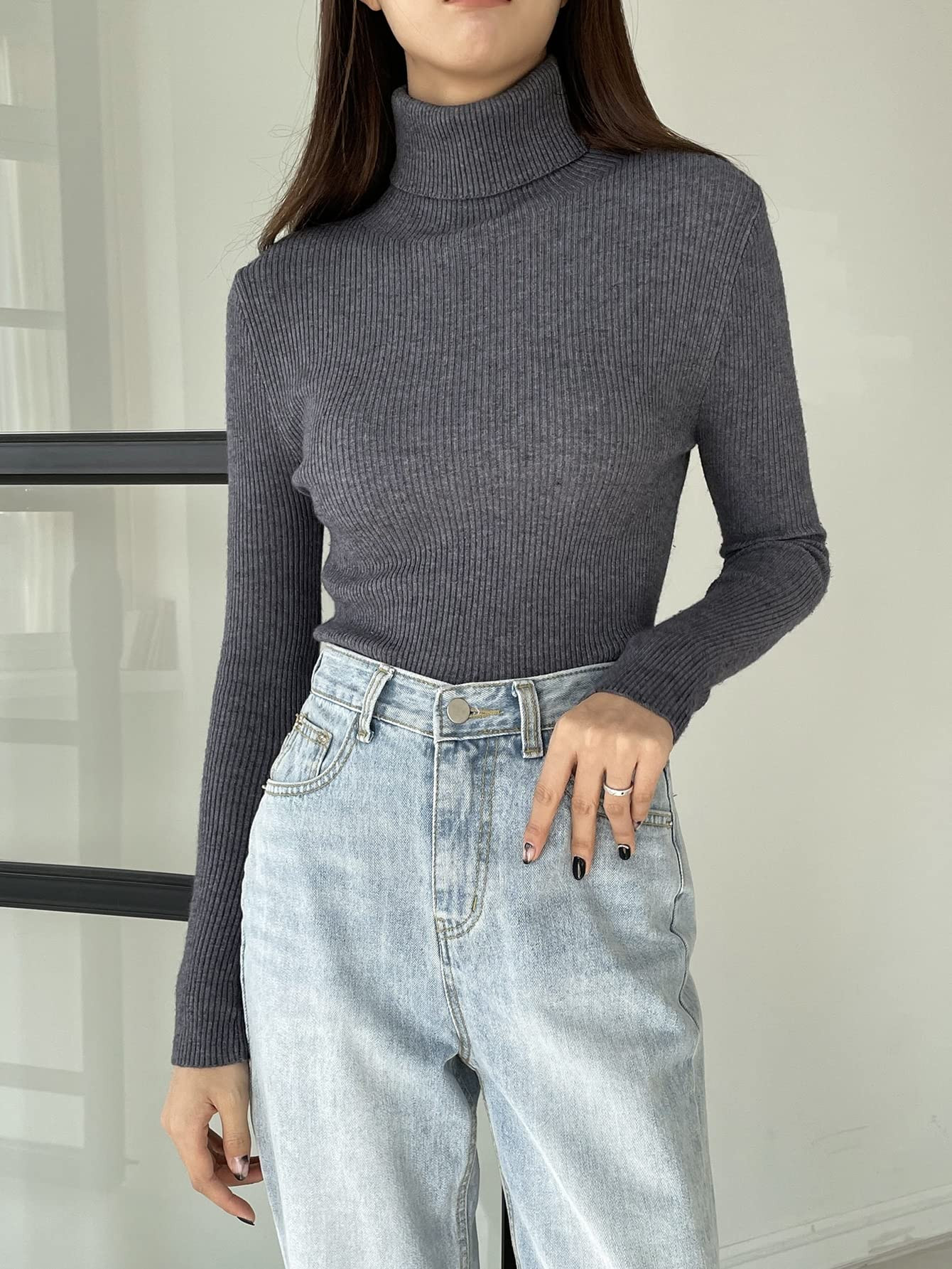 Neeno Ribbed Knit Turtleneck Sweater (Color : Dark Grey, Size : Small) | Amazon (US)