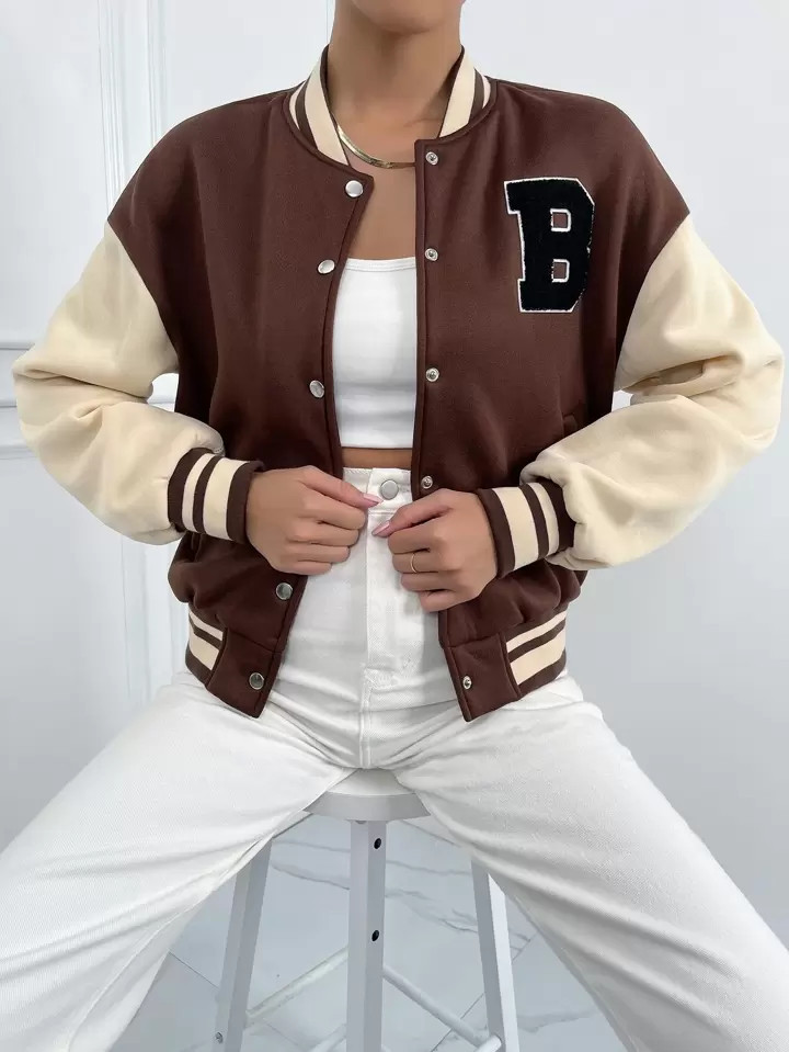 Letter Patched Striped Trim Drop Shoulder Varsity Jacket | SHEIN