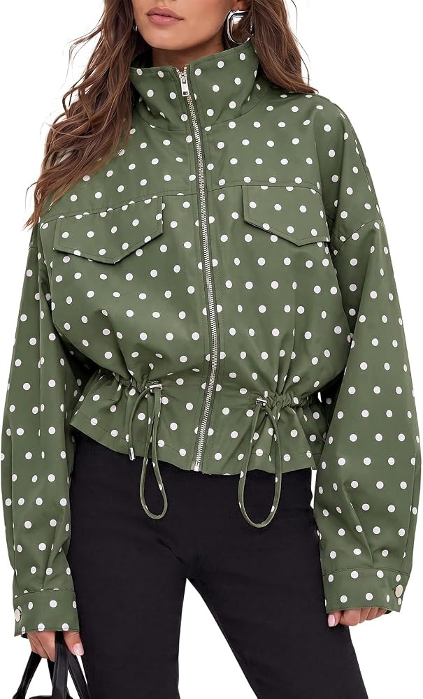 Fisoew Womens Zip Up Casual Jackets Polka Dot Drwatring Fall Trendy Coats | Amazon (US)