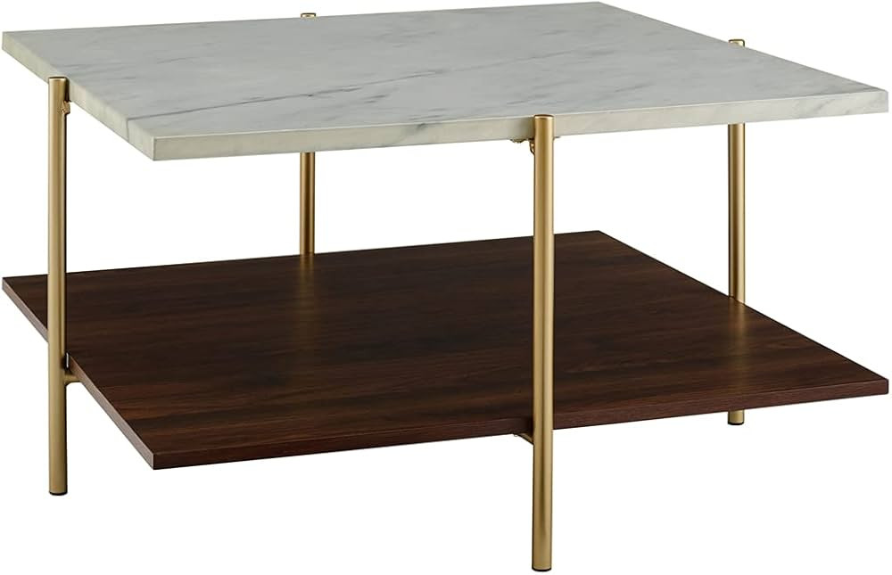 Walker Edison Hollin Mid Century Modern Square Marble Top Coffee Table, 32 Inch, Marble and Gold | Amazon (US)