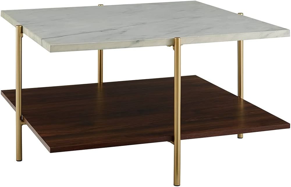 Walker Edison Hollin Mid Century Modern Square Marble Top Coffee Table, 32 Inch, Marble and Gold | Amazon (US)