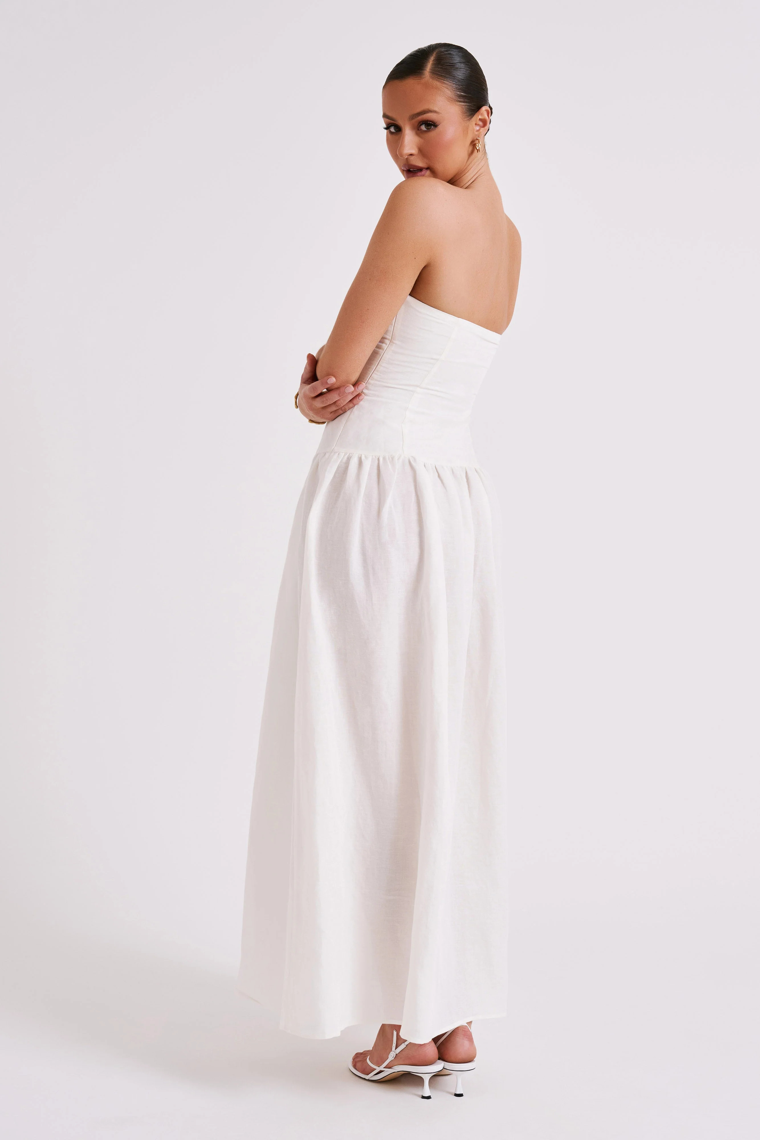Audrina Strapless Linen Maxi Dress - White | MESHKI US