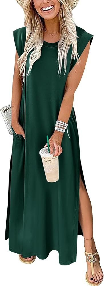 ANRABESS Womens Maxi Dresses 2025 Summer Casual Sleeveless Sundress Crew Neck Loose Split Beach L... | Amazon (US)
