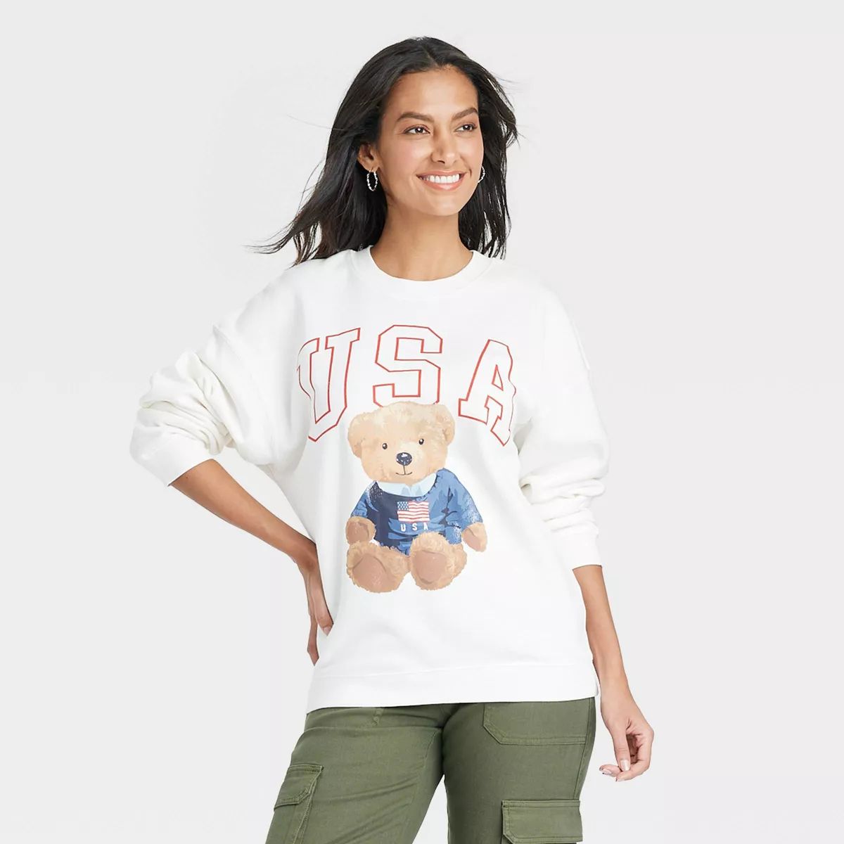Women's USA Bear Graphic Sweatshirt - White L | Target