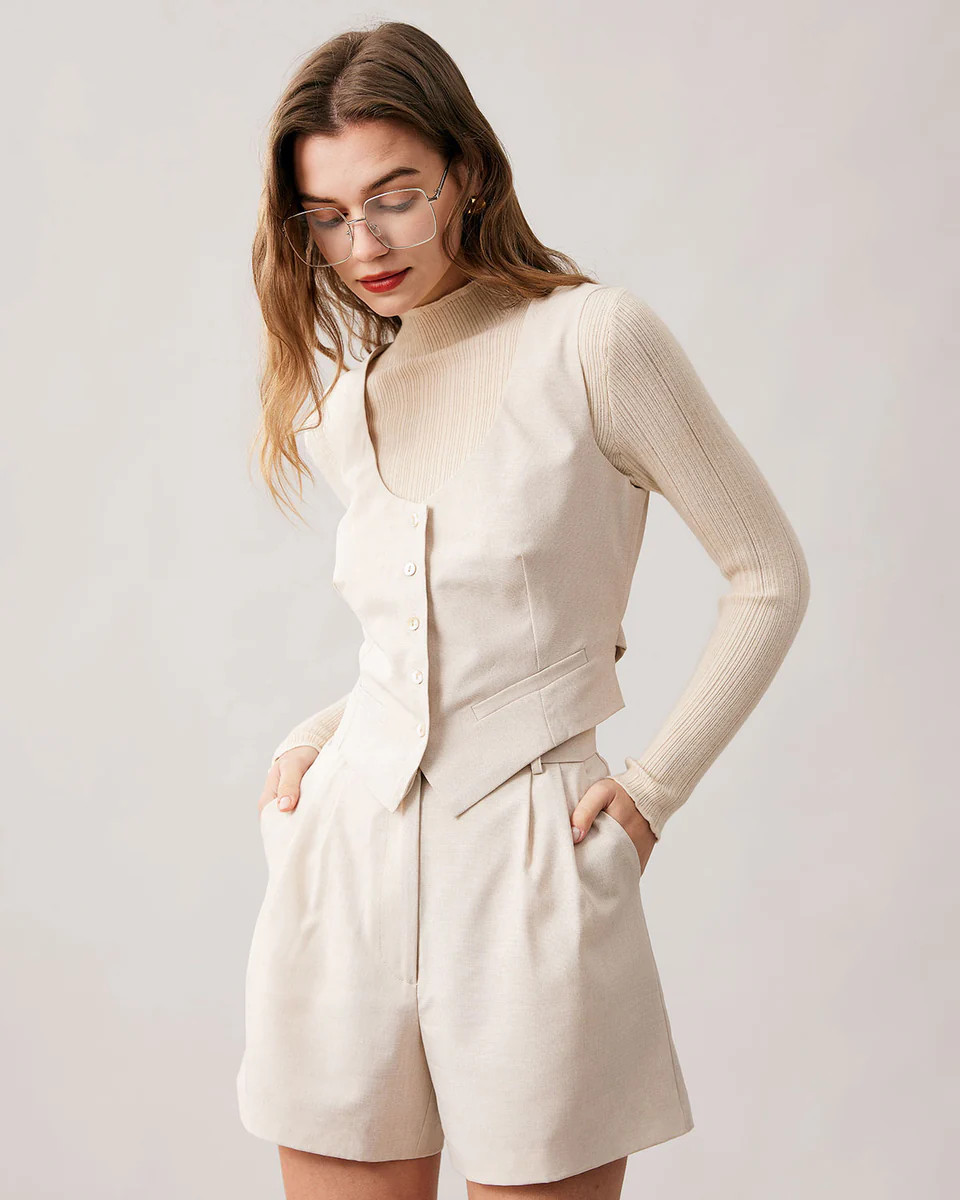 The Apricot High Waisted Wide Leg Shorts - Women's Short High Waist Workwear Pants - Apricot - Bo... | rihoas.com