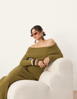 ASOS EDITION knit bardot layered long sleeve top in green - part of a set | ASOS (Global)