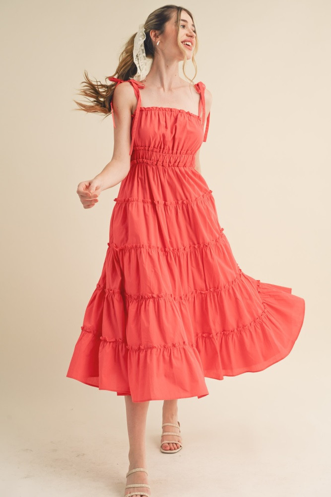 Red Tiered Tie Strap Midi Dress | PinkBlush Maternity