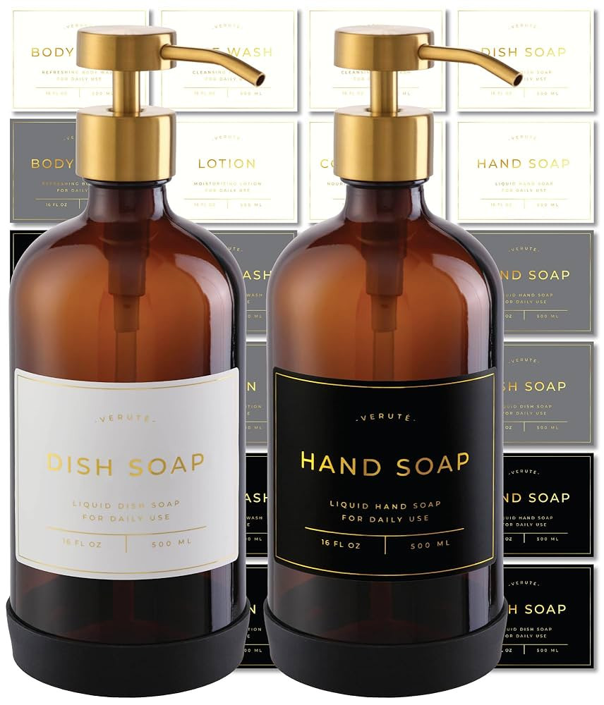 16oz Glass Soap Dispenser with Stainless Steel Pump, 21 Waterproof Labels, Non-Slip Protective Si... | Amazon (US)