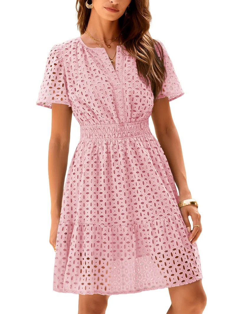 PRETTYGARDEN Womens Summer Short Dress V Neck Short Sleeve A Line Wear To Work Hollow Out Lace Ru... | Walmart (US)