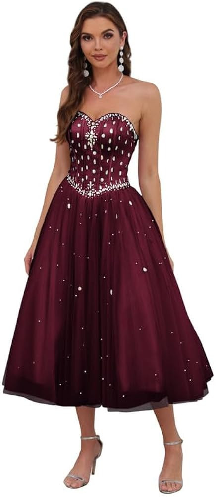 Tea Length Tulle Prom Dress, Strapless Sweetheart Beaded Ball Gown | Amazon (US)