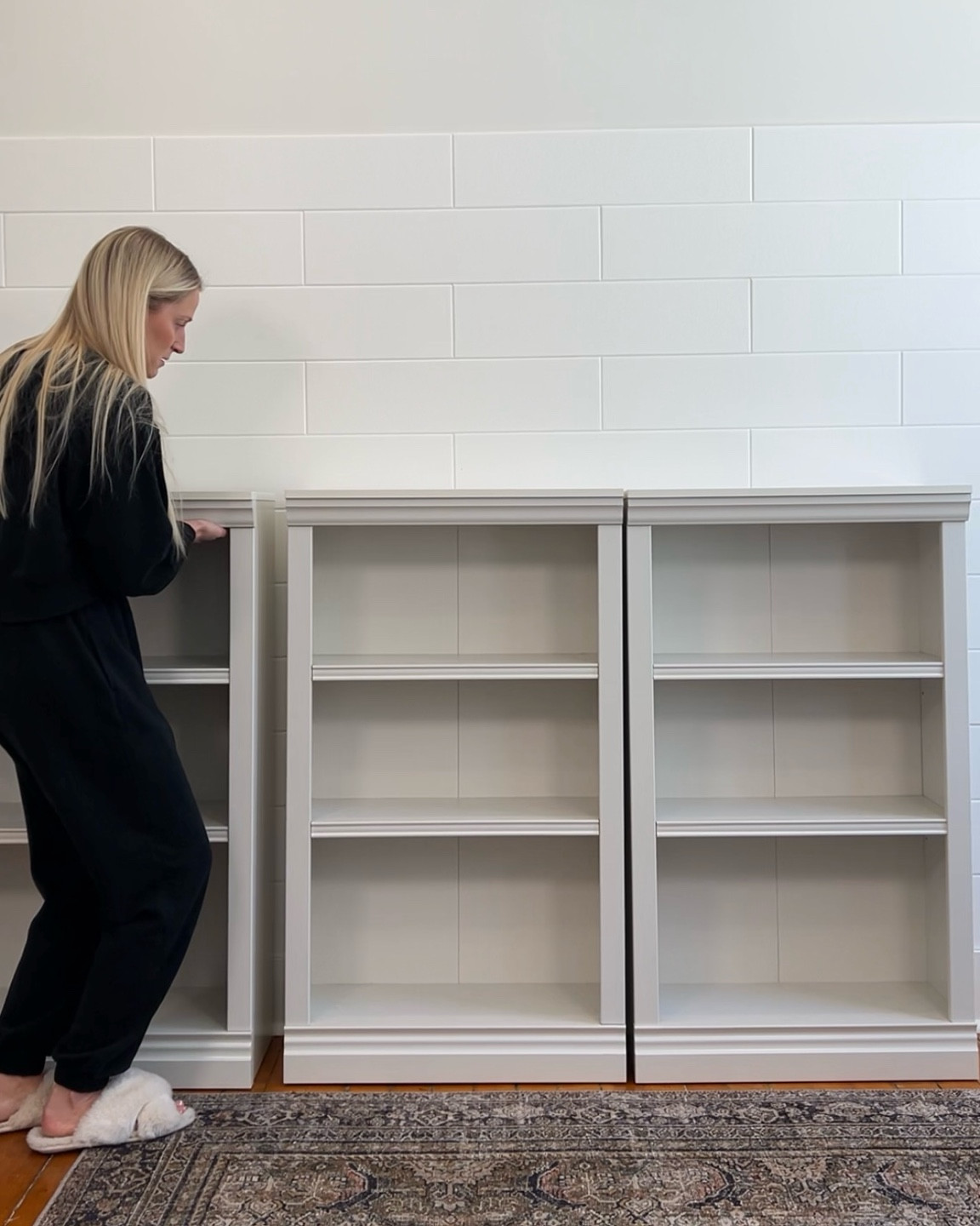 I don’t have an “after” photo of the bookshelves all “styled” yet. I plan to decorate this bookcase fully, but lately, I have been leaning into “decorating a home takes time.” I don’t want to buy a bunch of random crap to make these shelves look good. I added plants & pots  I already have, books I already owned & love, I’m in the process of printing photos & plan to find picture frames at thrift stores, put my kid's artwork, save things from trips, make some DIY decor, etc., but I wanted to share these because I love them & think they are so cute. I put all three of them together myself. 

These bookshelves measure 43”x25”x12” and are an off white (similar to @sherwinwilliams Gossamer Veil; I used my @colorreader to find a close matching paint color), which I love so much more than the usual MDF flat white. They also come in brown (which looks like it has a red undertone) and a taller one with five shelves.

#LTKhome