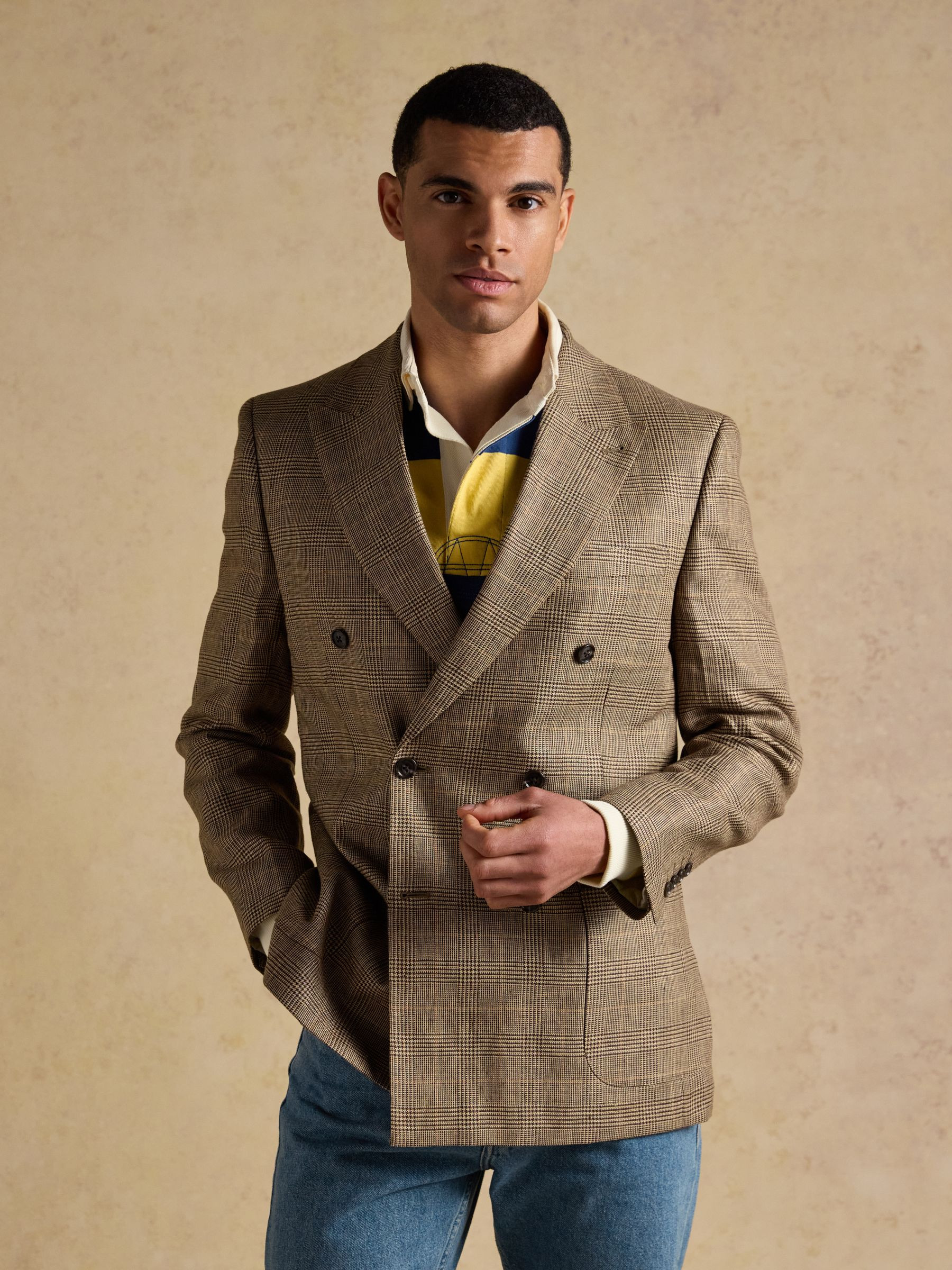 Taupe Brown Pure Linen Check Double Breasted Blazer | Joules | Joules