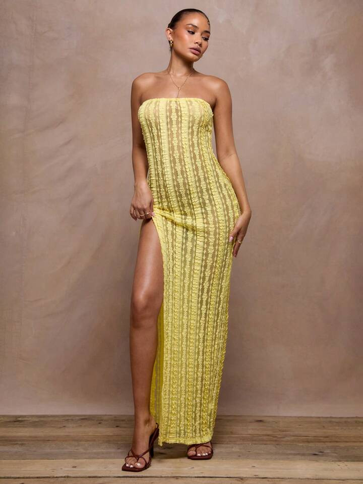 MUSERA Tiered Floral Lace Sheer Bandeau Split Maxi Dress | SHEIN