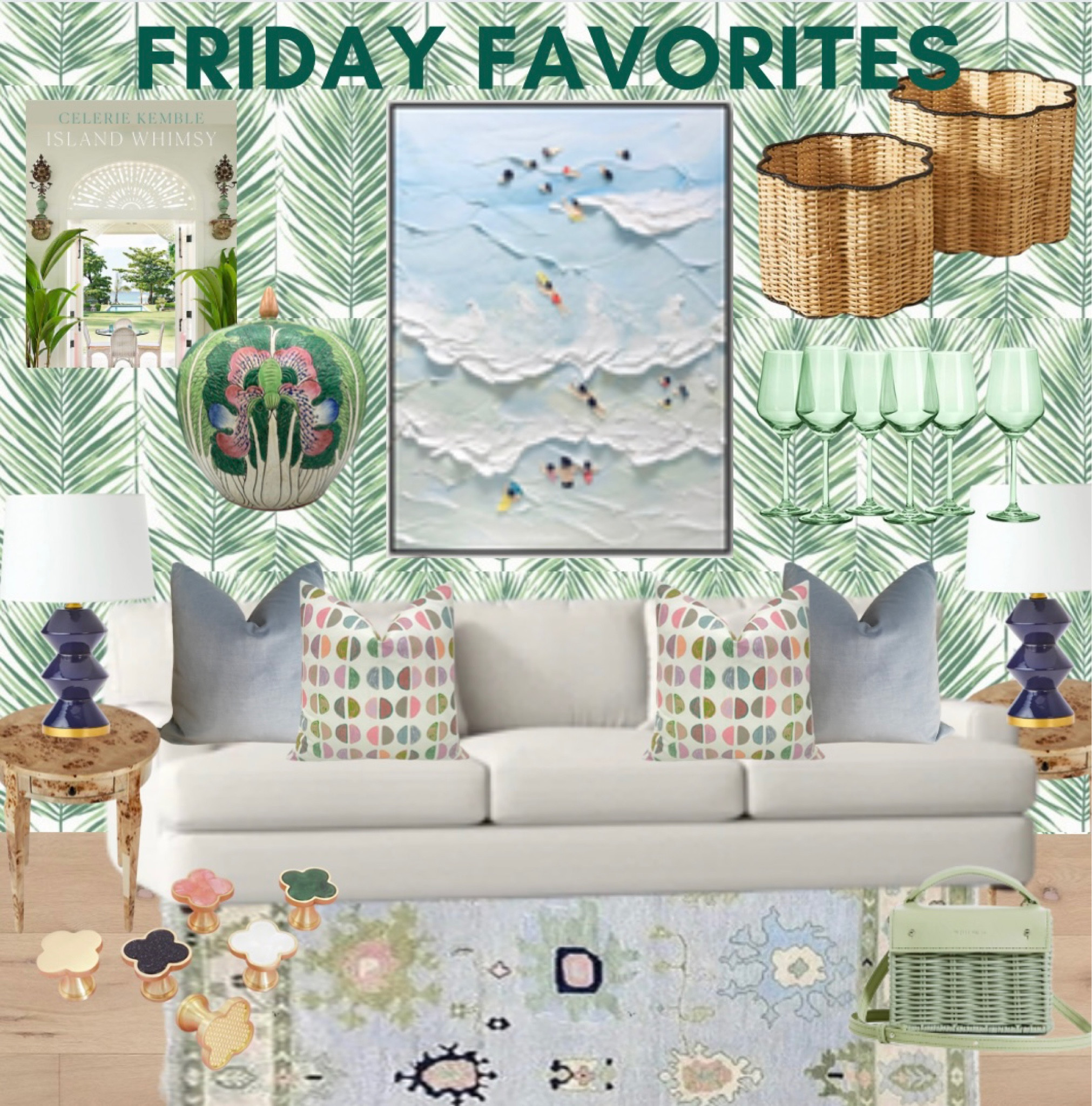 Friday Favorites: Green Edition

Green coffee table book // Famille Verte Bok Choy cabbage jar // ocean beach art // wicker planters // Estelle colored glass dupe // green wine glass // burl wood side tables // green palm wallpaper // white sofa // throw pillows // Oushak rug // wicker bag // rattan // clover drawer pulls // Caitlin Wilson navy lamps // blue velvet throw pillow // Lulie Wallace // grandmillennial // preppy // pink green blue // green dress // white sofa

#LTKhome #LTKFind #LTKsalealert