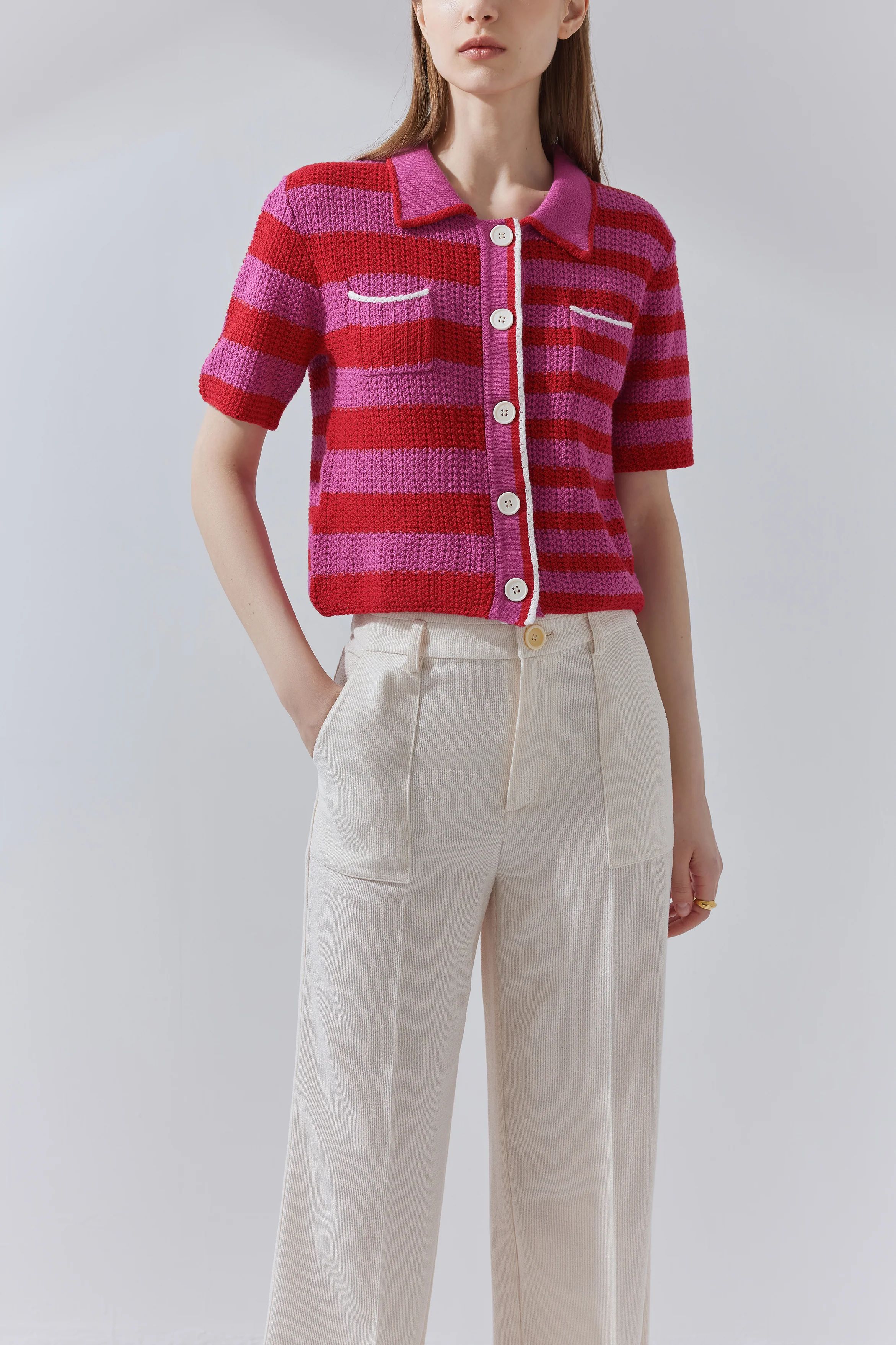 Sofia Stripe Knit Cardigan in Cotton Blend | Fabrique
