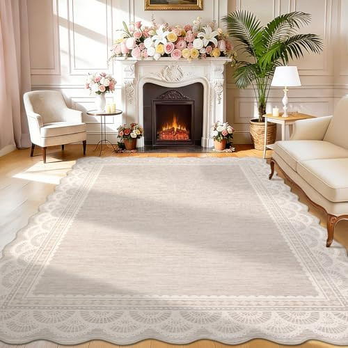 COZYLOOM Scalloped Rugs for Living Room 5x7 Modern Lace Border Area Rugs for Bedroom, Washable Area Rug with Non Slip Backing, Non Shedding Low Pile Carpet Stain Resistant Mats for Nursery, Beige | Amazon (US)