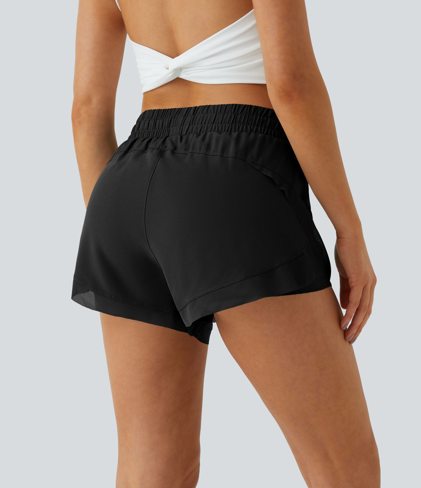 Mid Rise Drawstring Contrast Mesh 2-in-1 Flowy Running Shorts 3'' | HALARA