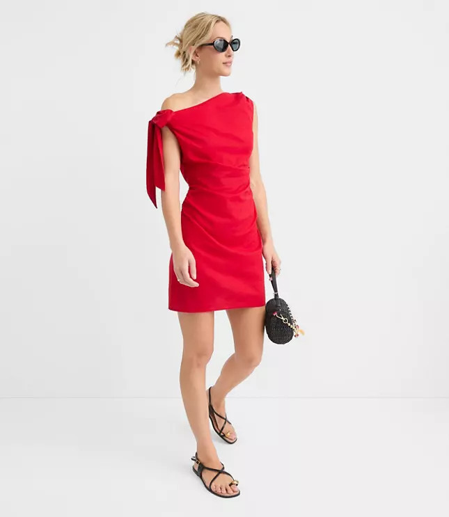 LOFT Beach Linen Cotton Shoulder Tie Ruched Mini Dress | LOFT