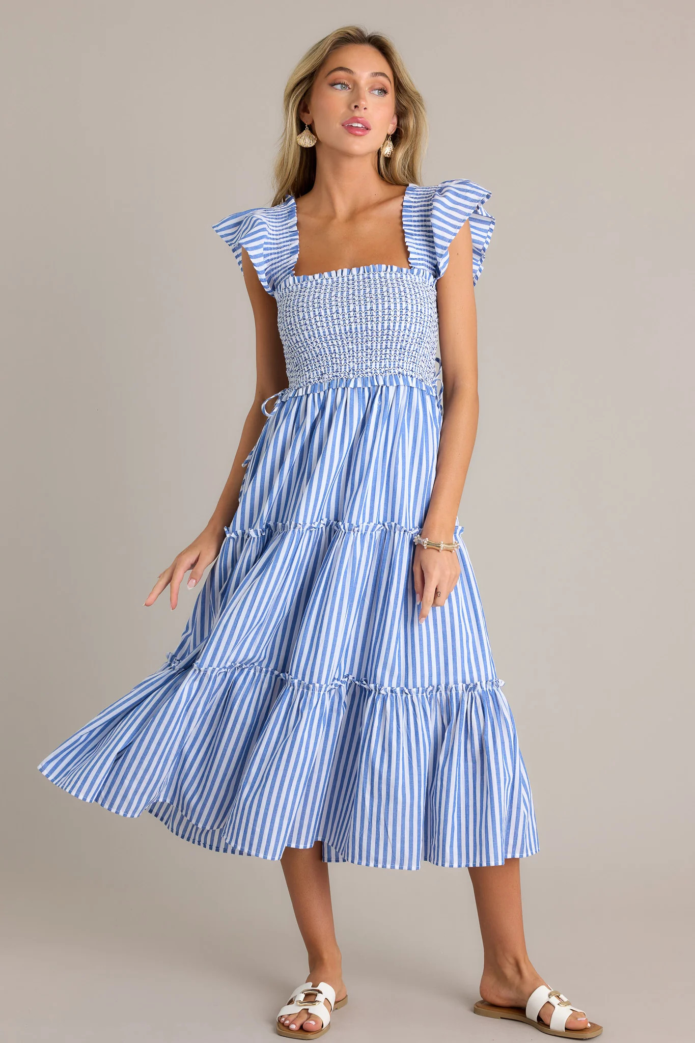 Bayside Stroll 100% Cotton Blue Stripe Smocked Midi Dress | Red Dress