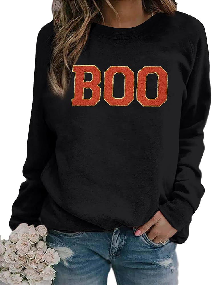 MYHALF Halloween Sweatshirt for Women Boo Embroidered Sweaters Cute Spooky Season Shirt Long Slee... | Amazon (US)