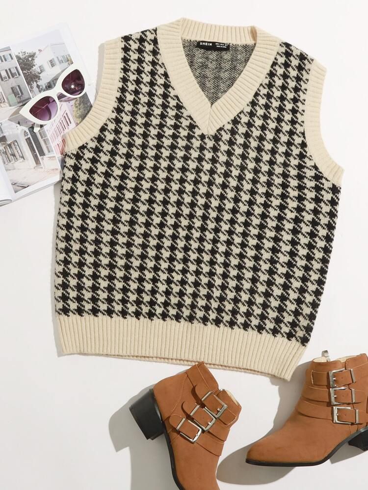 Plus Houndstooth Pattern Sweater Vest | SHEIN
