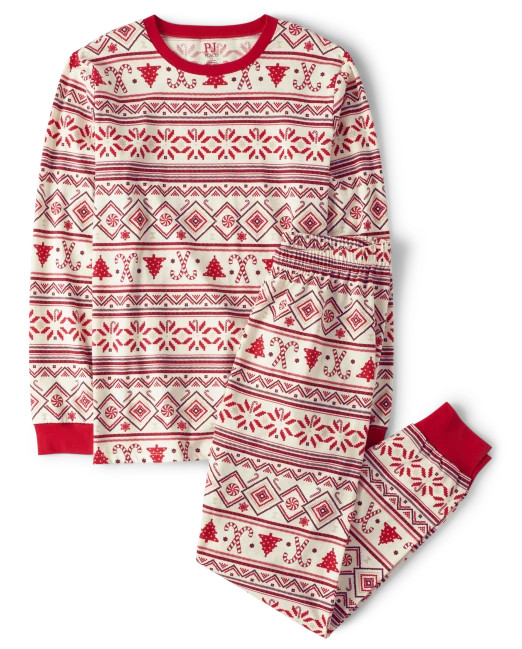 Unisex Adult Matching Family Candy Cane Fairisle Cotton Pajamas - white | The Children's Place
