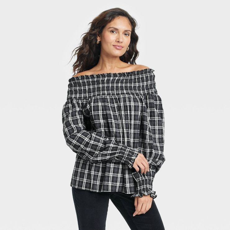 Women's Balloon Long Sleeve Smocked Blouse - Universal Thread™ Charcoal Gray Plaid S | Target