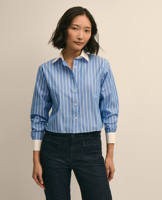 Brooks Brothers Women's The Cropped Striped Shirt | Blue | Size XL | Brooks Brothers