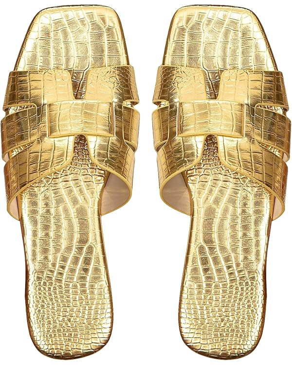 GORGLITTER Women's Crocodile Embossed Flat Sandals Cross Strappy Open Toe Slide Sandals | Amazon (US)