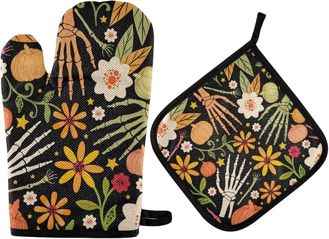 Spring Skull Bones Floral Oven Mitts & Pot Holders 2pcs Decorative Cute Halloween Kitchen Heat Re... | Amazon (US)
