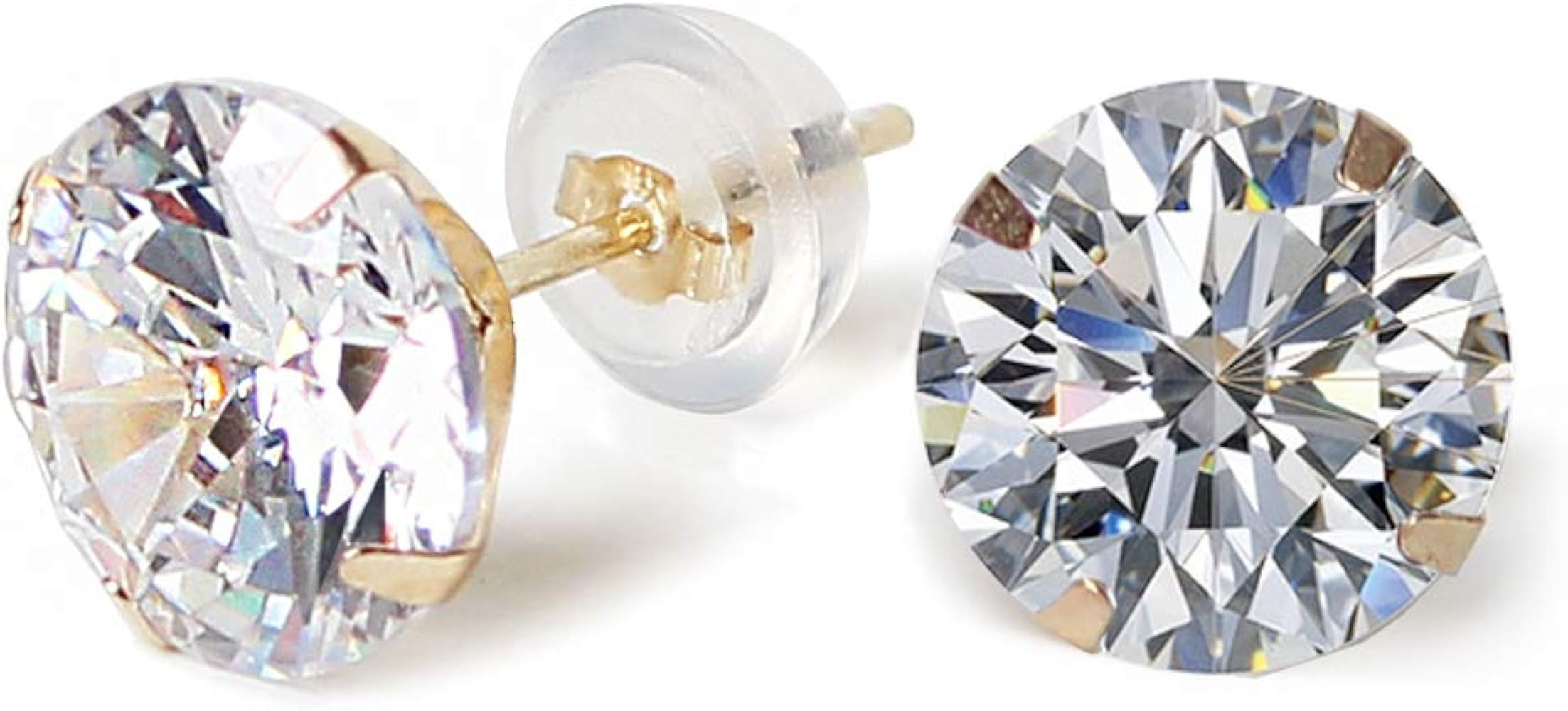 14k real solid Yellow Gold white cz Stud chunky Earrings for women Cubic Zirconia with 14k gold silicone earring flat backs | Amazon (US)