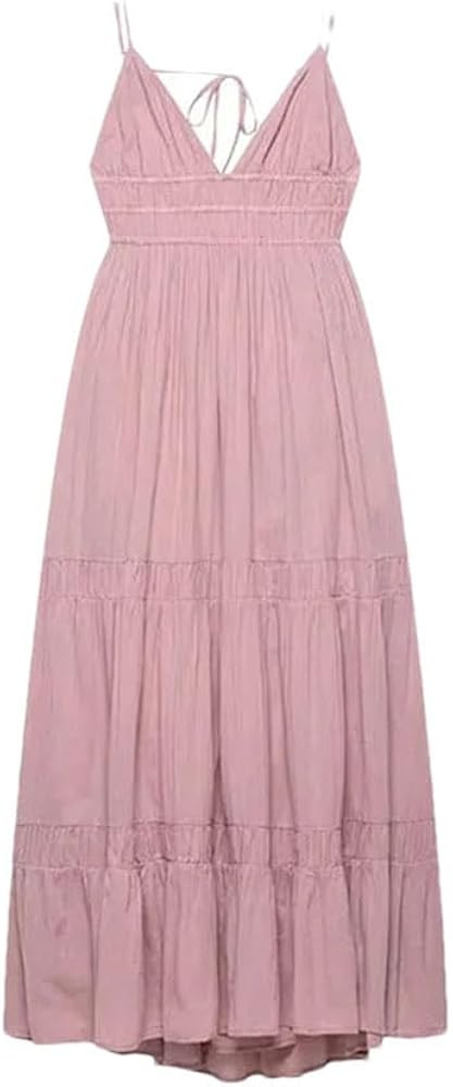 Women Pleated V-Neck Dress Solid Sling Long Sleeveless Midi Beach Dresses | Amazon (US)