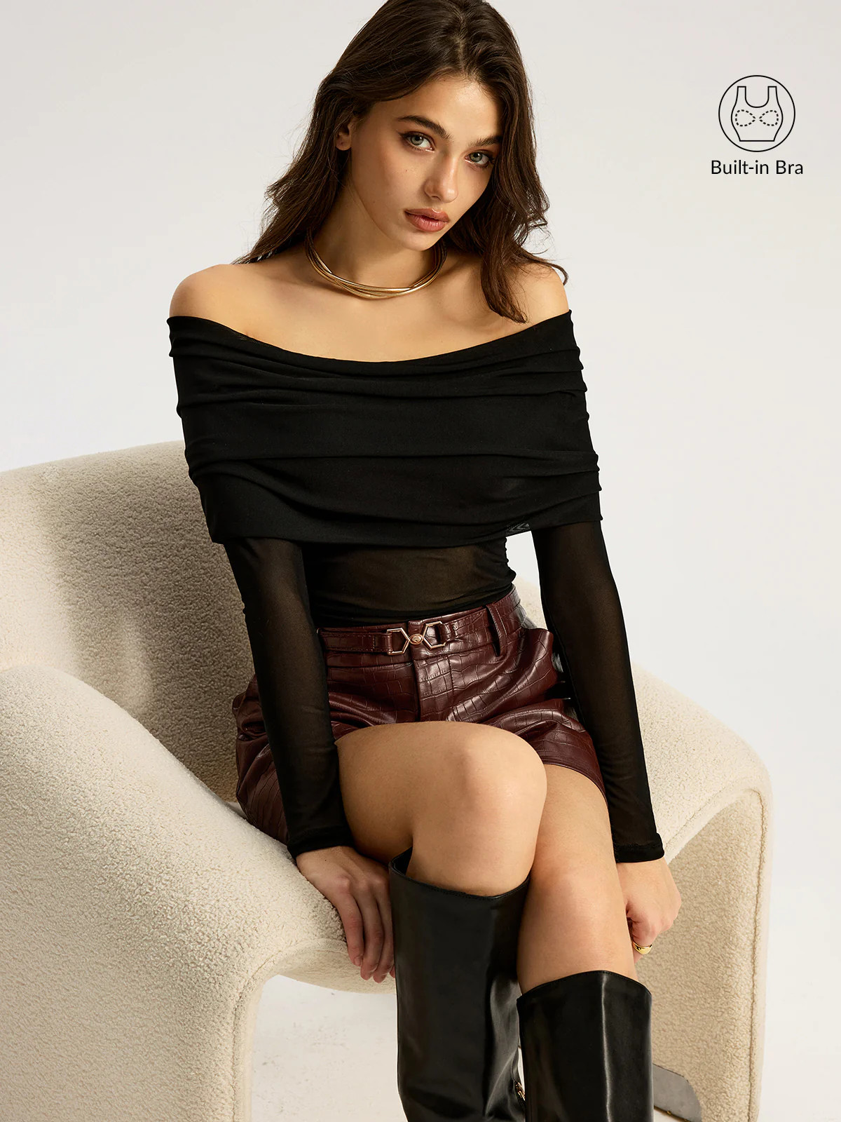 Bra-Free Off-Shoulder Long Sleeve T-Shirt | Commense