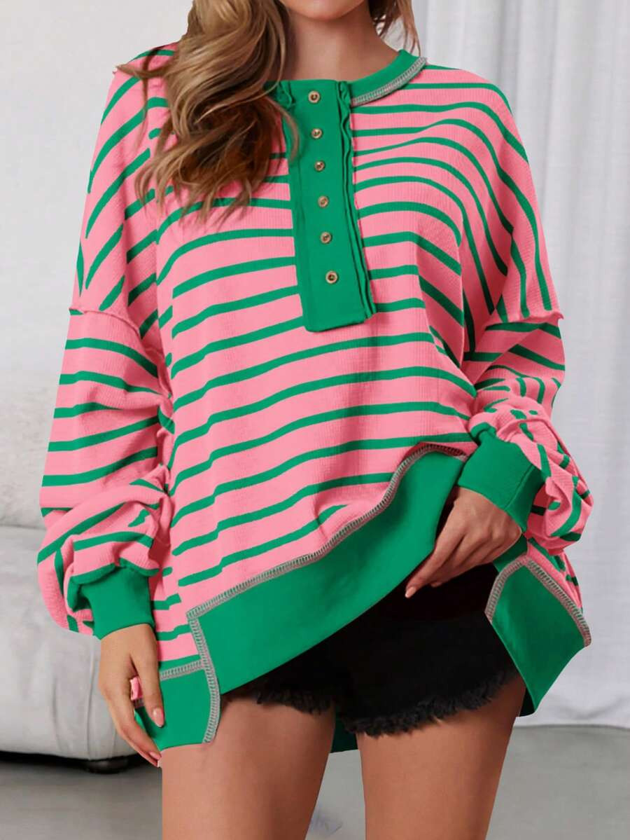LocalWomens Fall Striped Oversized Sweatshirt Long Sleeve Button Up Henley Neck Waffle Knit Pullo... | SHEIN